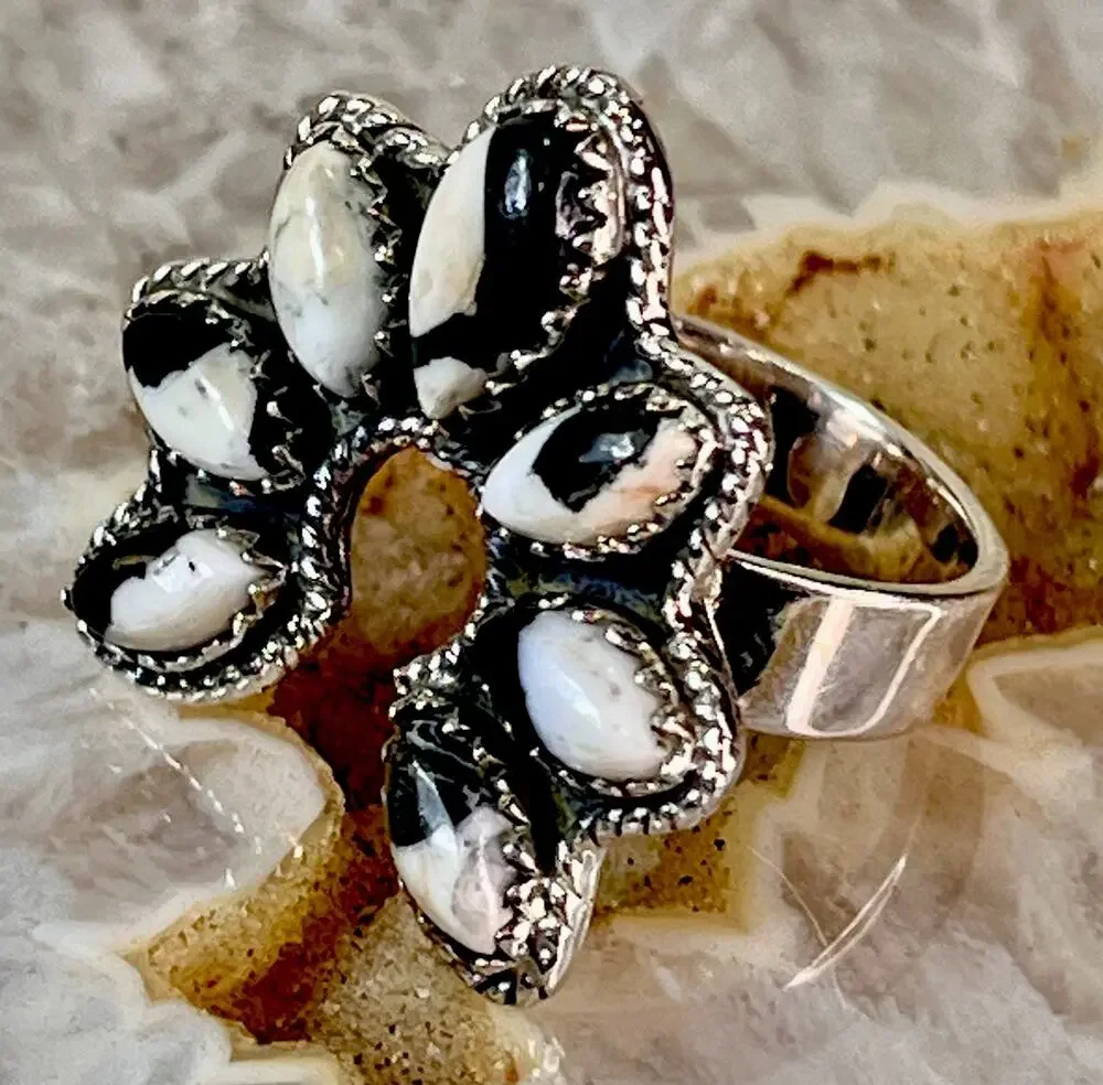 White Buffalo Turquoise Sterling Silver Naja Cluster Statement Ring Adjust Size